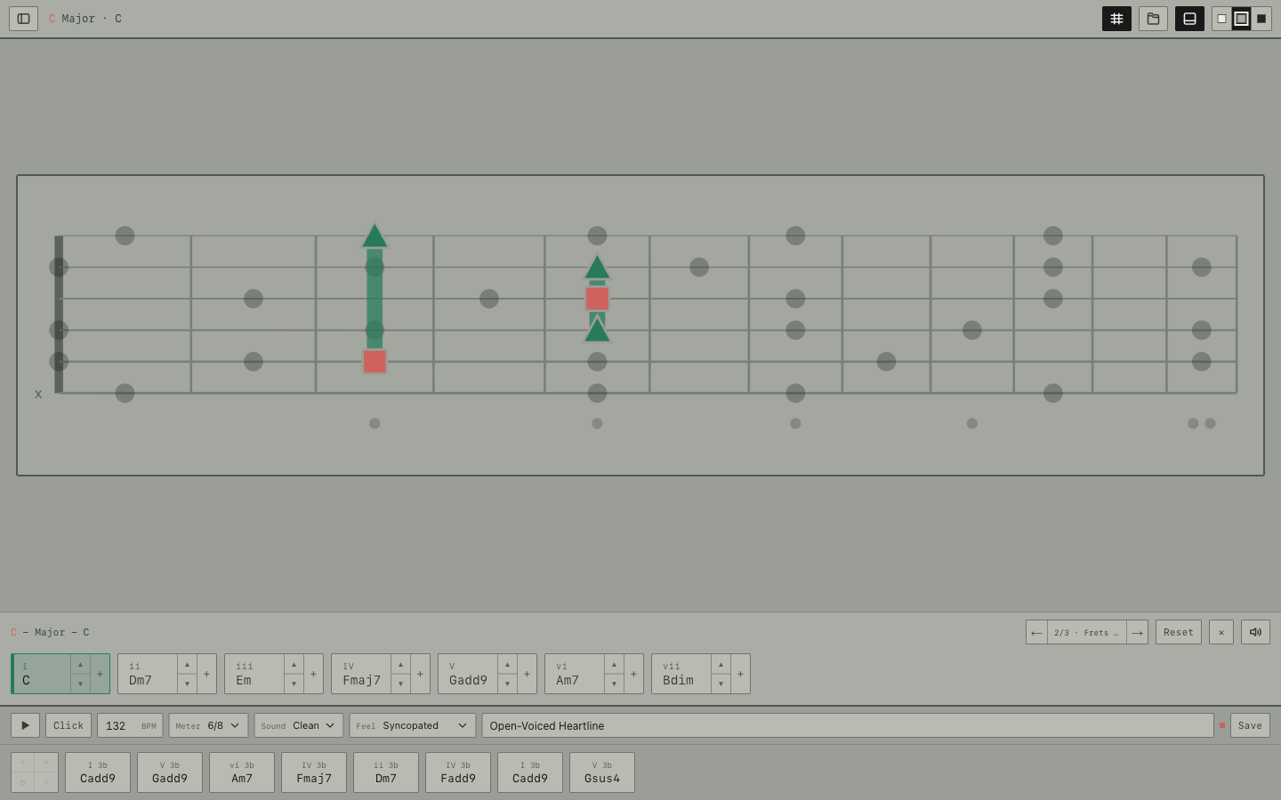 A practical middle-neck chord fingering shown inside the active scale