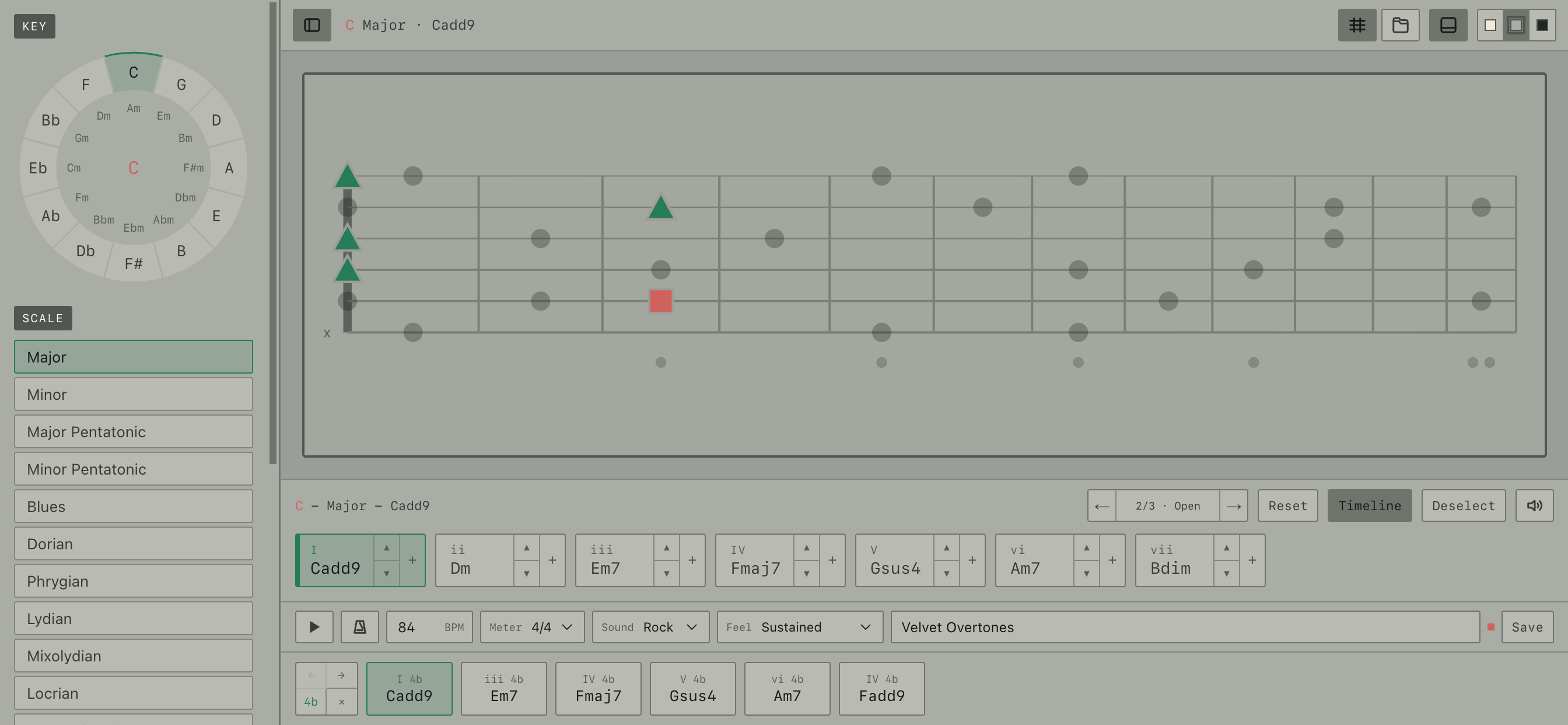 Fretboard Theory showing the C major scale map on iPhone